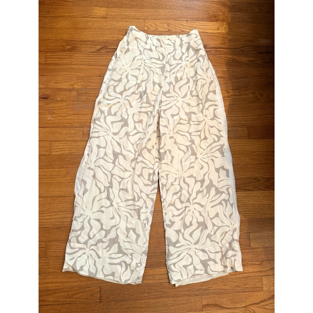 MON RENN Women's Ivory/Gray Abstract Wide-Leg Pants Elastic Waist Regular M